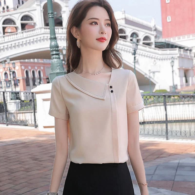 Women's Chiffon Blouse DF4028, Asymmetrical Collar Short Sleeve Casual Spring Summer Top
