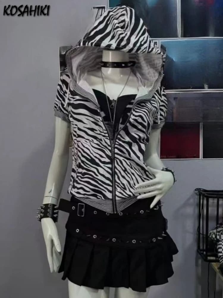 2025 Y2k Aesthetic Zebra-Stripe Hooded T-shirt Women Harajuku Gothic Punk Zipper Tshirts Streetwear Vintage Grunge Slim Fit Tees