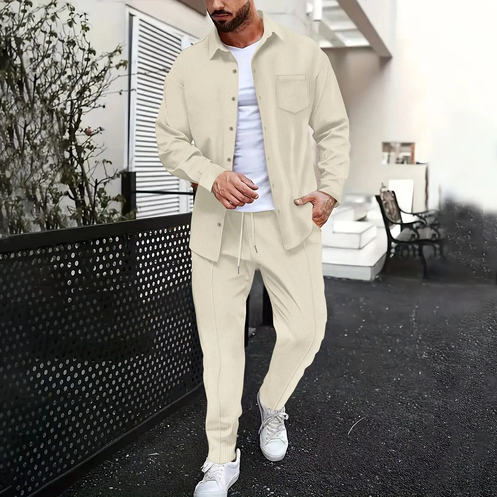 Ensemble homme 2 pièces gaufré uni, chemise à revers manches longues et pantalon, sport casual printemps automne