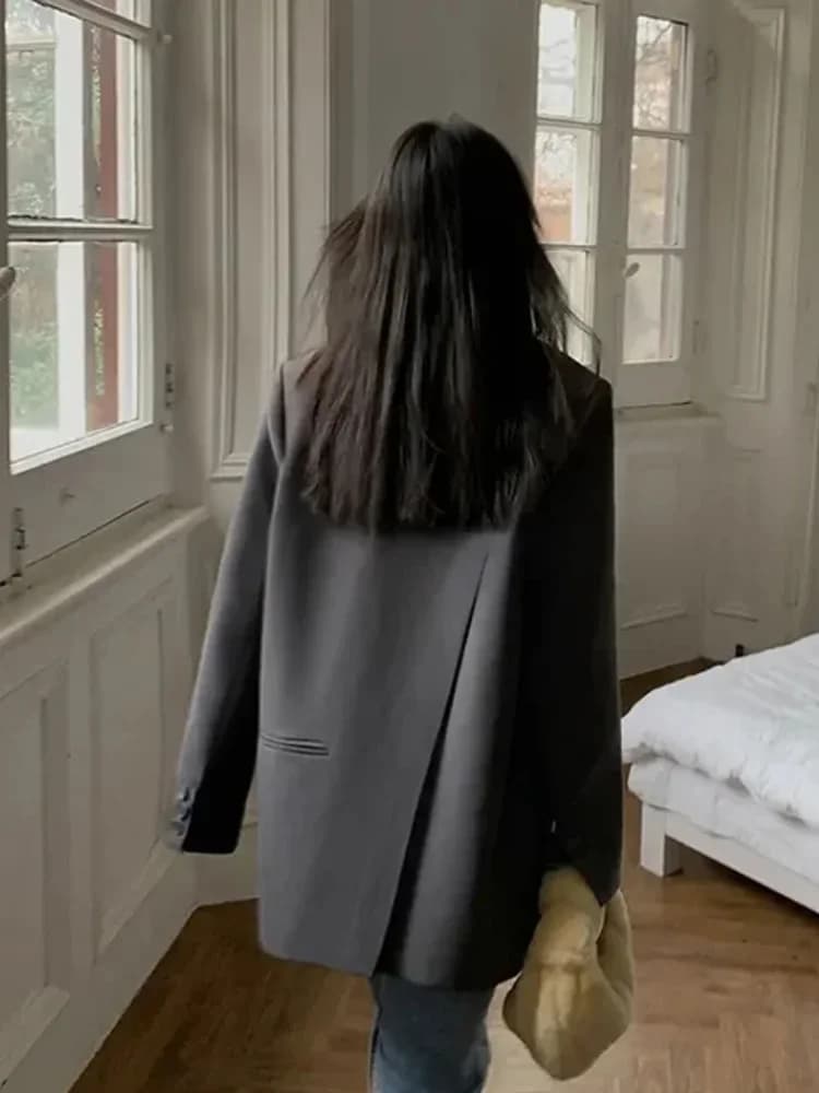 Blazer feminino preto manga comprida, moda coreana, fenda nas costas, casaco solto de escritório