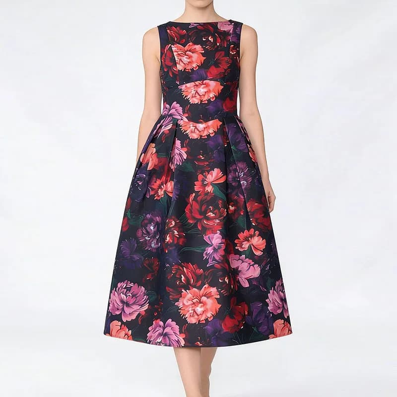 Elegant O-neck High Waist Banquet Dress Temperament Women's Slim A-line Dress Vintage Floral Printed Pleated Evening Party Dress