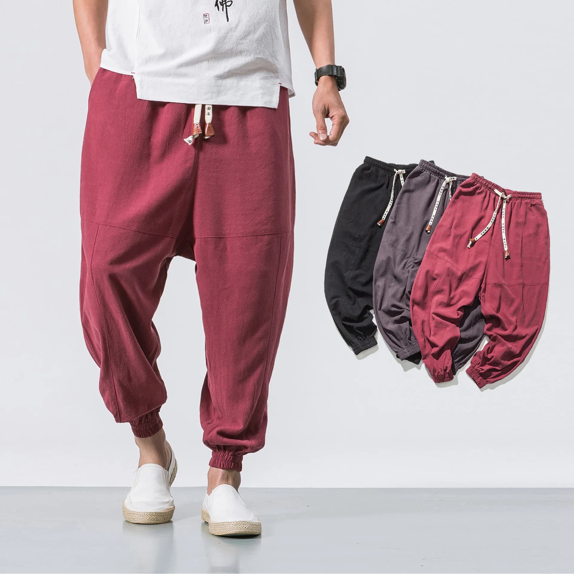 Calça harém masculina oversize em linho chinês, modelagem solta casual de alta qualidade