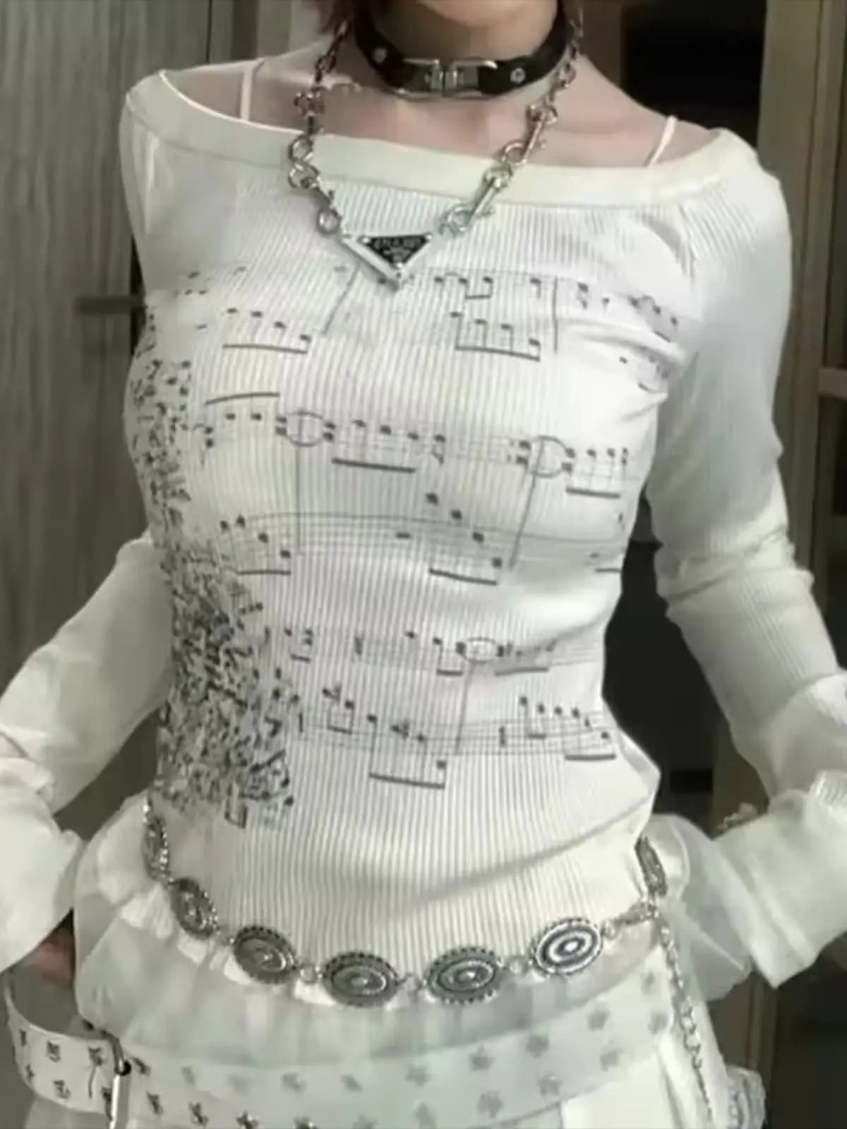 Women’s Off Shoulder Tops Long Sleeve Music Note Print Slim Fitted T-Shirt Ruffle Blouse