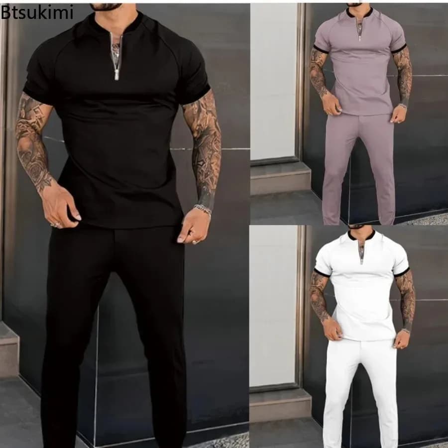 New 2026 Trend Men's Sport Suit Short Sleeve Half Zip Stand Collar Pullover+Pants Two Pieces Fashion Solid Casual Slim Male Sets