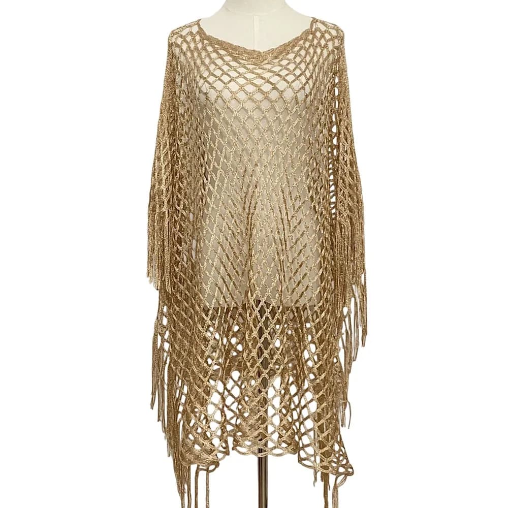 Gold Silver Wire Mesh Shawl Jacket Knitted Poncho Tassels Beach Towel