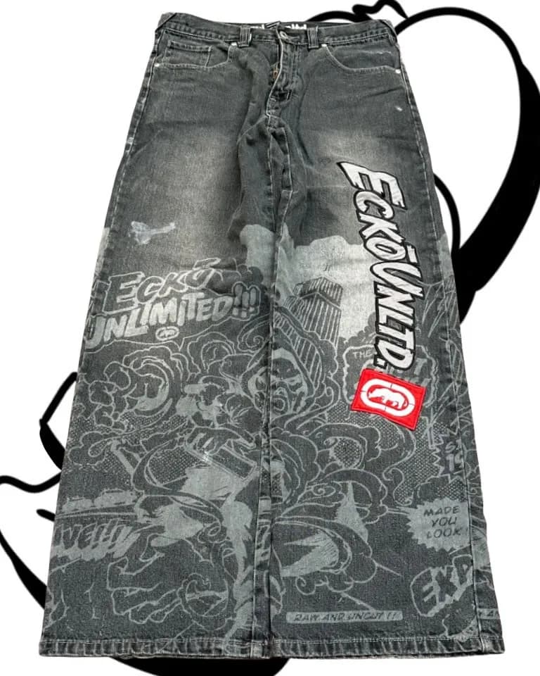American Fashion Printing Jeans Hip Hop Baggy Cross-legged Jeans Grey Wash Straight Mop Pants Men and Women