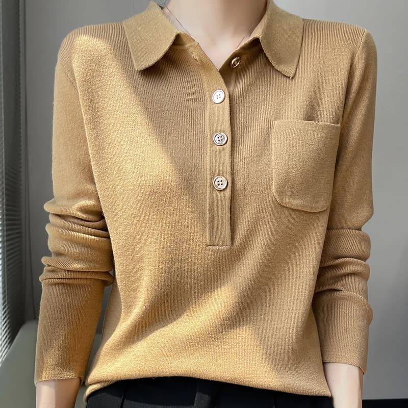 Suéter Feminino 100% Lã Merino Pura, Gola Polo, Tricô Casual Inverno