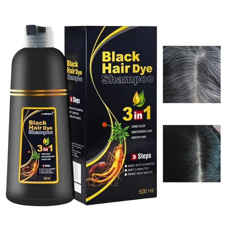 Shampoo tintura preta 3 em 1, 500mL, sem amônia, cobre cabelos brancos em minutos