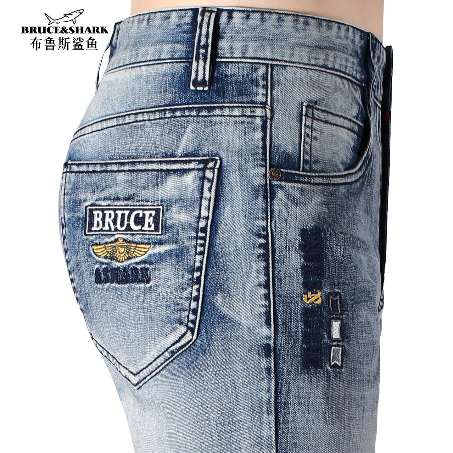 ①New Winter Men's Jeans Bruce&Shark Blue Jeans for Men Fashion Casual Straight Stretching Cotton Loose man Jeans Big Size 42