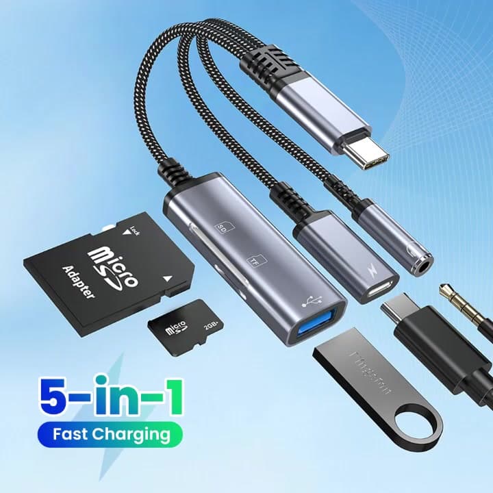 5 in 1 USB C OTG Adapter Type-C to USB+Type-C 10wCharge+3.5mm Earphones+SD/TF Card Reading Connector For iPhone 15-17 Cellphones