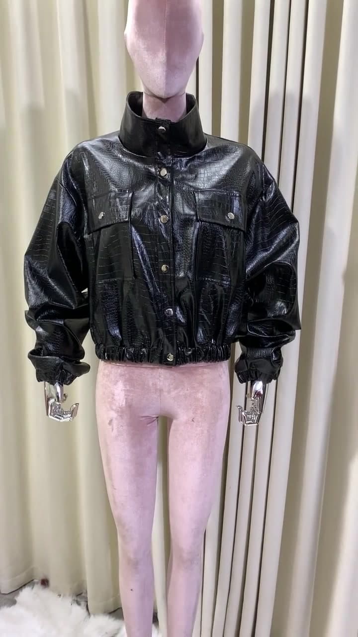 Lautaro-Crocodile Print Faux Leather Jacket for Women, Short, Cool, Oversized, European Fashion Streetwear, Button Up, Spring