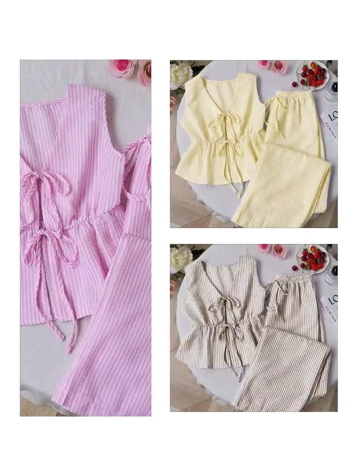 2026 Summer Two Piece Set Women Striped V Neck Lace Up Sleeveless Blouse High Waist Wide Leg Pants Suits Sweet Casual Tracksuits
