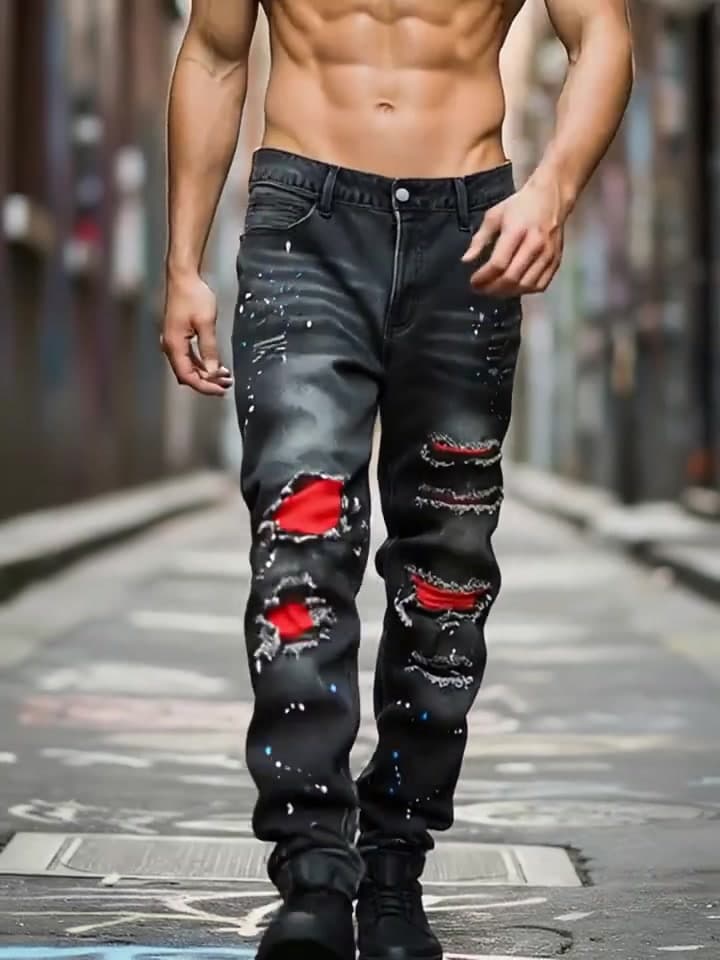 Men y2k Stretchy Skinny Denim Jeans For Men Casual pants Ripped Patchwork Hole Slim Fit Denim Hip Hop Black Straight Trousers